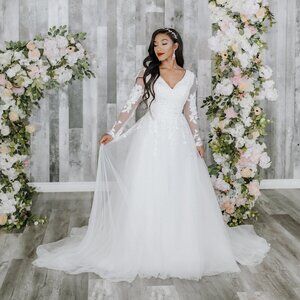 Long Sleeve A-Line Wedding Dress with Beaded Lace & Buttons
